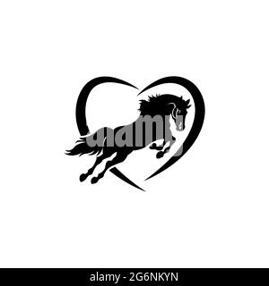 Vector horse black vector head face outline silhouette drawing illustration in heart frame shape on white background. EPS 10 Stock Vector