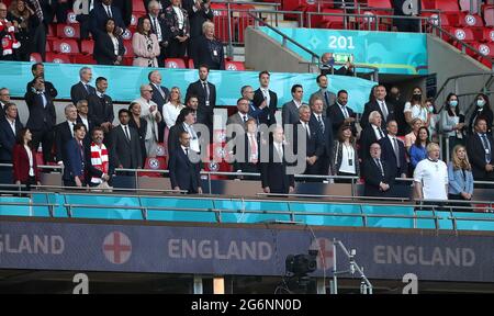 Front row, left to right, Mary, Crown Princess of Denmark, Prince Christian of Denmark, Frederik, Crown Prince of Denmark, The Duke of Cambridge, UEFA President Aleksander Ceferin, Prime Minister Boris Johnson and Carrie Johnson in the stands before the UEFA Euro 2020 semi final match at Wembley Stadium, London. Picture date: Wednesday July 7, 2021. Stock Photo