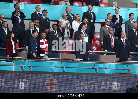 Mary, Crown Princess of Denmark, Prince Christian of Denmark, Frederik, Crown Prince of Denmark, UEFA President Aleksander Ceferin and The Duke of Cambridge in the stands before the UEFA Euro 2020 semi final match at Wembley Stadium, London. Picture date: Wednesday July 7, 2021. Stock Photo