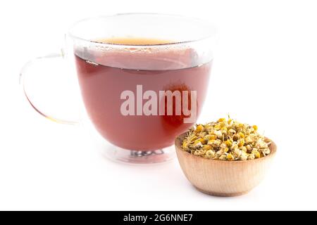 Hot Chamomile Tea with Dried Chamomile Flowers Isolated on a White Background Stock Photo