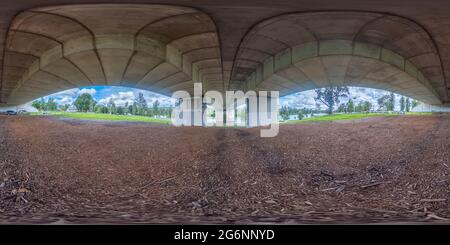 360 degree panoramic view of Spherical 360 panorama photograph under the bridge that spans the Nepean River in Penrith in regional New South Wales in Australia