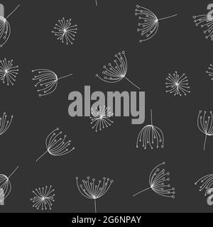 Seamless pattern white hand drawn dandelion flower on black background. Vector flat illustration. Stock Vector