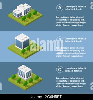 City infographics in isometric with skyscrapers, streets, and trees. Stock Vector