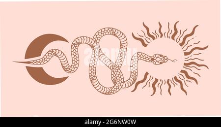 Vector poster set of mystical magic objects- snake, moon and sun, line art. Spiritual occultism objects. Stock Vector