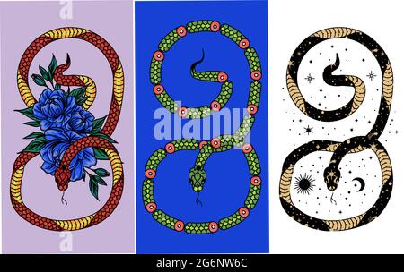 Collection of mythology and mystical poster illustrations in hand drawn style. cosmic magic Snake. Snake and wildflowers, esoteric and boho objects, S Stock Vector