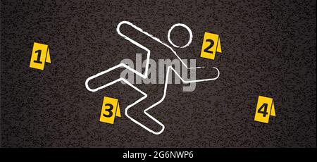 Chalk outline from the murder scene. Crime scene, place of murder. Circled the body, and there are marks near the evidence. Don't cross. police sign. Stock Photo
