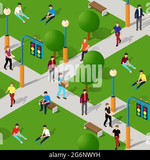 City park with trees and people walking vacationers Stock Vector