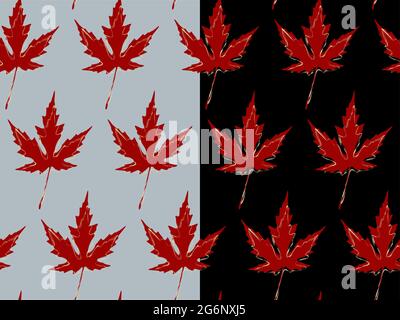 Autumn leaves, natural maple geometrical seamless pattern. Scribbled cream color contour, red background. Black, blue editable backdrop Stock Vector