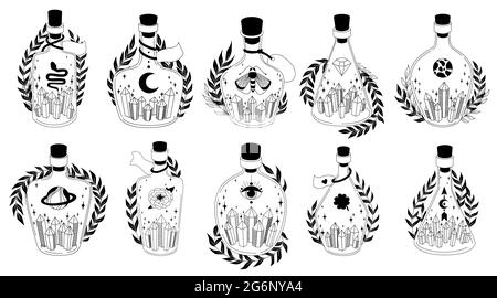 Magic black and white graphic bottles with esoteric symbols, leaves, crystals. Witchcraft set. Vector illusrtation on white background. Stock Vector