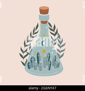 Magic bottle. Vintage potion. Witchcraft art. Flat vector illustration in pastel colors. Stock Vector