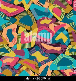 Childish playful pattern featuring bright, eight-color abstract on black irregular non-directional scattered shapes and lines for print, decor, web Stock Vector