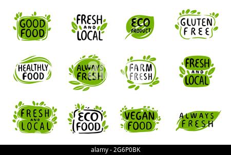 Natural, organic food icon. Set of stickers, labels, tags. Eco, bio with leaves symbol Stock Vector