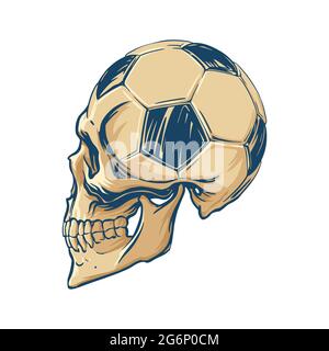 Drawing of a human skull combined with a soccer ball in vintage style. For fan communities, sticker printing, T-shirts, souvenirs. Vector illustration Stock Vector