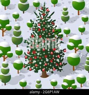 Winter Christmas snowy tree illustration in the country Stock Vector