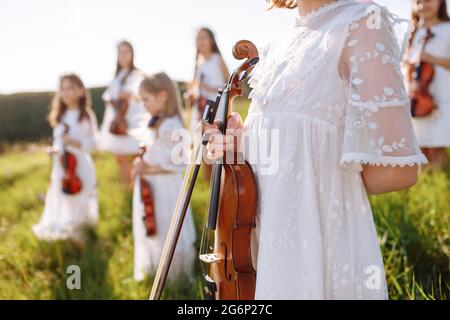 Group of young violinists playing with an orchestra band at an outdoor during the summer festival. Profile face and instrument. Image with selective f Stock Photo