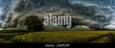 A violent thunderstorm is coming. Imposing and frightening shelf cloud announces the thunderstorm Stock Photo
