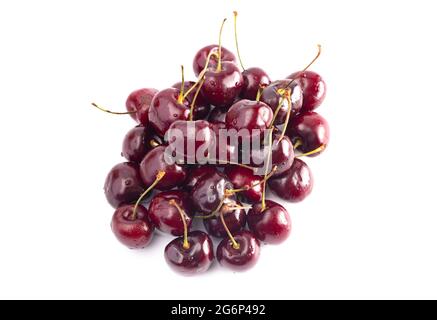 Fresh Dark Red Cherries with Stems Isolated on a White Background Stock Photo