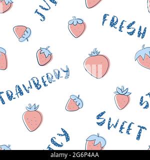 Strawberry and Dotted Letters Doodle Seamless Pattern. Hand drawn summer berries with blue lettering tile. Strawberry background vector illustration for menu or packaging design, food or drink posters, wallpaper, wrapping paper Stock Vector