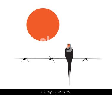 Bird silhouette on wire and sun illustration, vector. Scandinavian minimalism art design. Birds illustration isolated on white background. Wall art, a Stock Vector