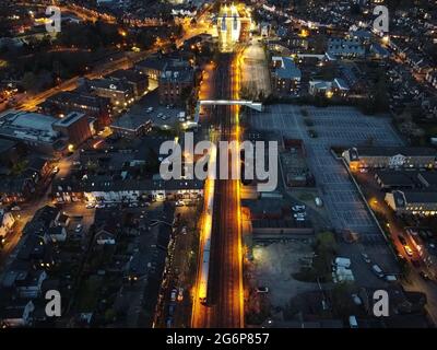 Aerial view of Horsham Railway Station at night, Horsham West Sussex with a view of Horsham Telephone exchange. Stock Photo