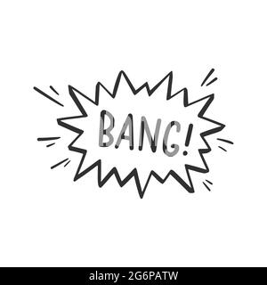 Hand drawn cloud speech bubble element with bang text. Comic doodle sketch style. Explosion cloud icon. Isolated vector illustration. Stock Vector