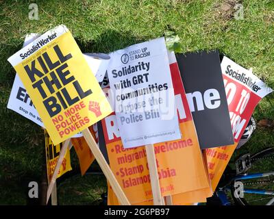 'Kill the Bill' protest placards opposing the PCSC Bill, that critics say will criminalise Gypsy, Roma and Traveller communities if passed. Stock Photo