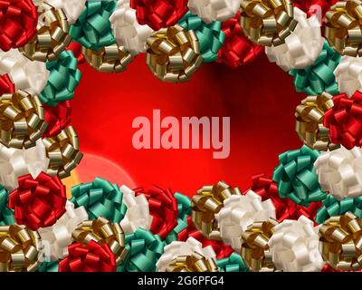 Red, green, gold and white bows and ribbons forming a border with copy space for text in the center. Clipping path. Stock Photo
