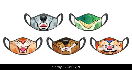 Face masks with scary animal mouth with fangs isolated on white background. Vector cartoon set of black cloth medical protective masks with print of tiger, cat, wolf, lion, crocodile and dog teeth Stock Vector