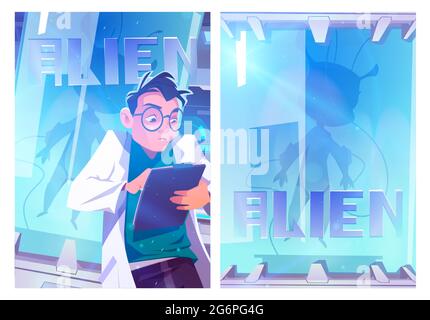 Alien in cryonics capsule cartoon poster. Futuristic investigation, scientist writing notes in laboratory. Science research test with extraterrestrial humanoid, secret project, Vector web banner Stock Vector