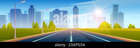 Highway, empty road to city with skyscraper buildings and modern houses. Two-lane asphalted way perspective view with street lamps and green field by sides, urban cityscape Cartoon vector illustration Stock Vector