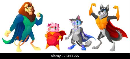 Superhero animals with mask and cape. Cute characters in super hero costume. Vector cartoon set of strong lion, wolf, pig and cat in disguise suit with cloak isolated on white background Stock Vector