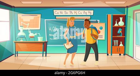 Teacher greeting student in chemistry classroom. Vector cartoon illustration of school class interior with flasks on desk, formula on chalkboard, woman and teenager. Back to school concept Stock Vector