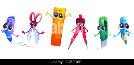 Cute characters of school stationery isolated on white background. Vector cartoon set of funny education supplies for children, pen, pencil, paper cut knife, compass, scissors and ruler Stock Vector