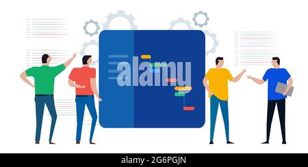 gantt chart large board of project schedule with waterfall software development methodology people discuss Stock Vector