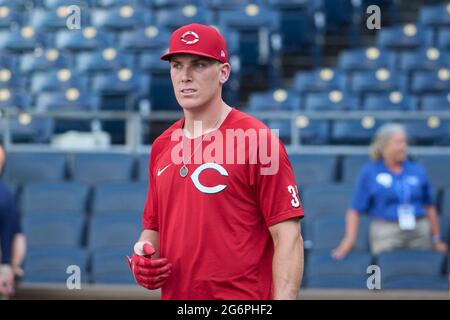 Kansas City MO, USA. 4th July, 2021. Cincinnati catcher Tyler Stephenson (37) warming up before the game between the Cinncinati Reds and the Kansas City Royals held at Kauffman Stadium in Kansas City Mo. David Seelig/Cal Sport Medi. Credit: csm/Alamy Live News Stock Photo