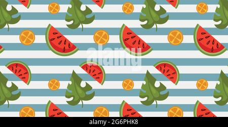 Seamless pattern, realistic pieces of watermelon - Vector illustration Stock Vector