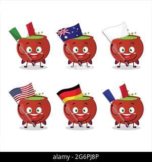 Witch bowl cauldron cartoon character bring the flags of various countries. Vector illustration Stock Vector