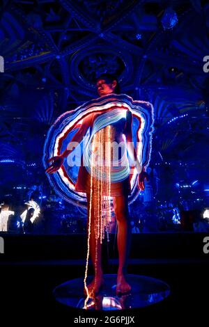 Paris, France, 7th July 2021A model performs during the Clara Daguin & Jacquard by Google show as part of Paris Fashion Week on July 7, 2021 in Paris, France. Photo by Jana Call me J/ABACAPRESS.COM Stock Photo