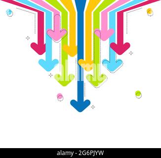 Bright Abstract rainbow arrows on white backdrop. Arrows move to down. Concept decrease. Vector illustration. Abstract background with falling arrows Stock Vector