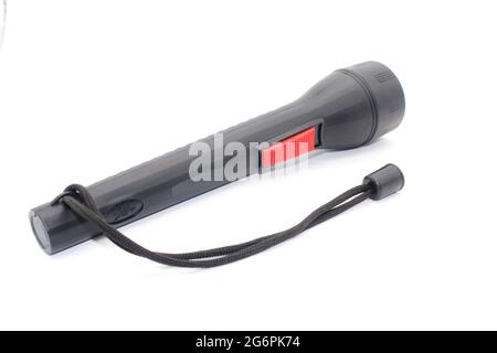 Black Electric LED torch flashlight isolated on a white background Stock Photo