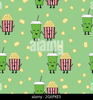A pattern of crispy popcorn in a box and a disposable soda glass are smiling at each other on an green background. Delicious snacks when watching a mo Stock Vector