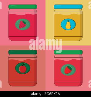 Vector image of four jars with strawberry, raspberry, pear and apple homemade jam with a green lid Stock Vector