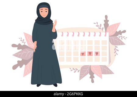girl looking at calendar. Beautiful Muslim woman wearing hijab. Stands near the female health and menstruation calendar on a decorative background. Ve Stock Vector