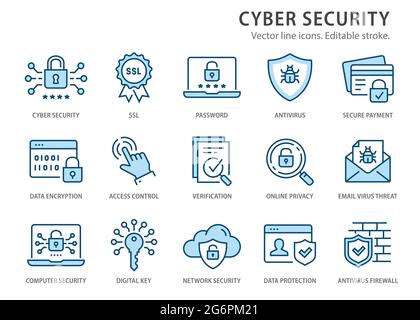 Cyber security icons, such as password, digital key, verification and more. Change to any size and any colour. Stock Vector