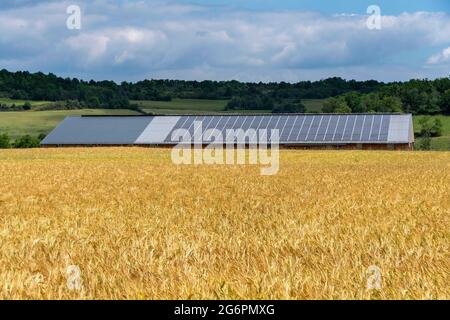 Solar panels on a roof , Puy de Dome department, Auvergne-Rhone-Alpes, France Stock Photo