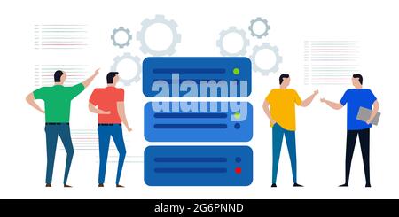 group of engineer prepare maintain server data center mainframe for storage web mining infrastructure hardware Stock Vector