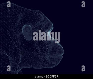 Gorilla head wireframe made of blue lines on a dark background. Side view. 3D. Vector illustration. Stock Vector