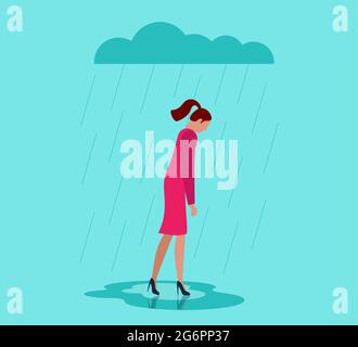 Unhappy depressed loneliness sad woman in stress with negative emotion problem walking under rain cloud. Alone loser female person depression. Solitude and bad emotions in overcast weather eps concept Stock Vector