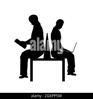 Silhouette of two people sitting on a bench isolated on a white background. One person is reading a book, the other is working in a laptop. Vector ill Stock Vector