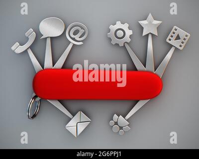 Technology icons connected to Swiss knife. 3D illustration. Stock Photo